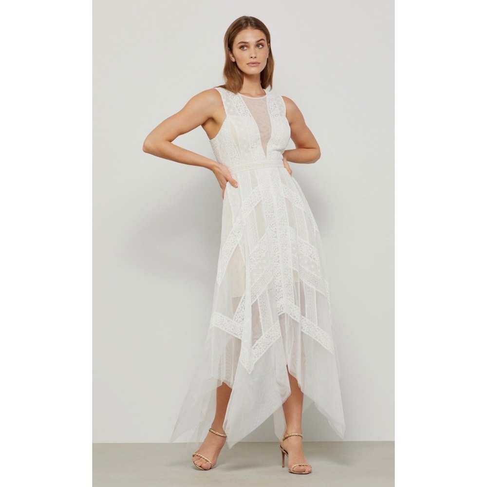 BCBGMAXAZRIA Ivory Lace Illusion Midi Dress Handkerchief Hem Bridal Boho 8